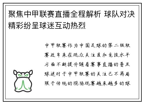 聚焦中甲联赛直播全程解析 球队对决精彩纷呈球迷互动热烈